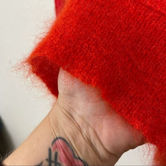 Vintage Red Italian Mohair and Wool Fuzzy Pullover Sweater With Lace Sleeves - Picture 12 of 15